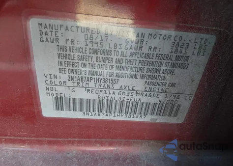 2017 Nissan Sentra Sv z USA, uszkodzony, nr VIN 3N1AB7AP1HY381557